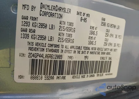 2006 Dodge Grand Caravan Sxt z USA, uszkodzony, nr VIN 2D4GP44L06R612089